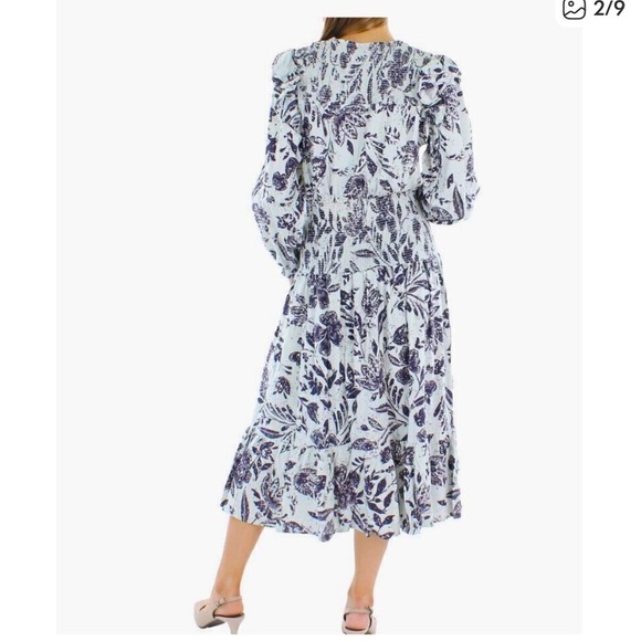 Aqua Luxury linen and Rayon long sleeve Blue floral Midi dress - Picture 2 of 7